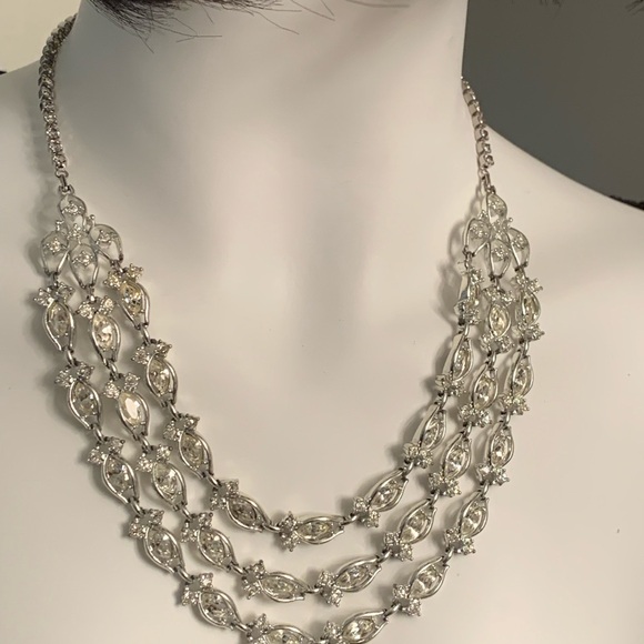 Vintage 1950’s Rhinestone Necklace & Bracelet Set 18” Triple Strand Navette Bib - Picture 1 of 10